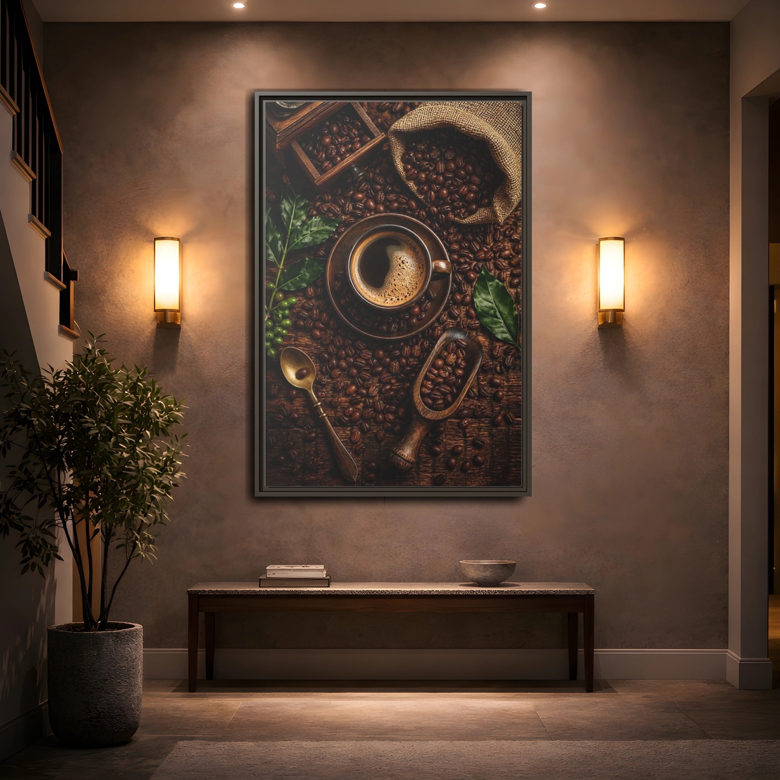 Mockup 2. Vintage Coffee Brown And Green Coffee shown as stretched canvas wall art