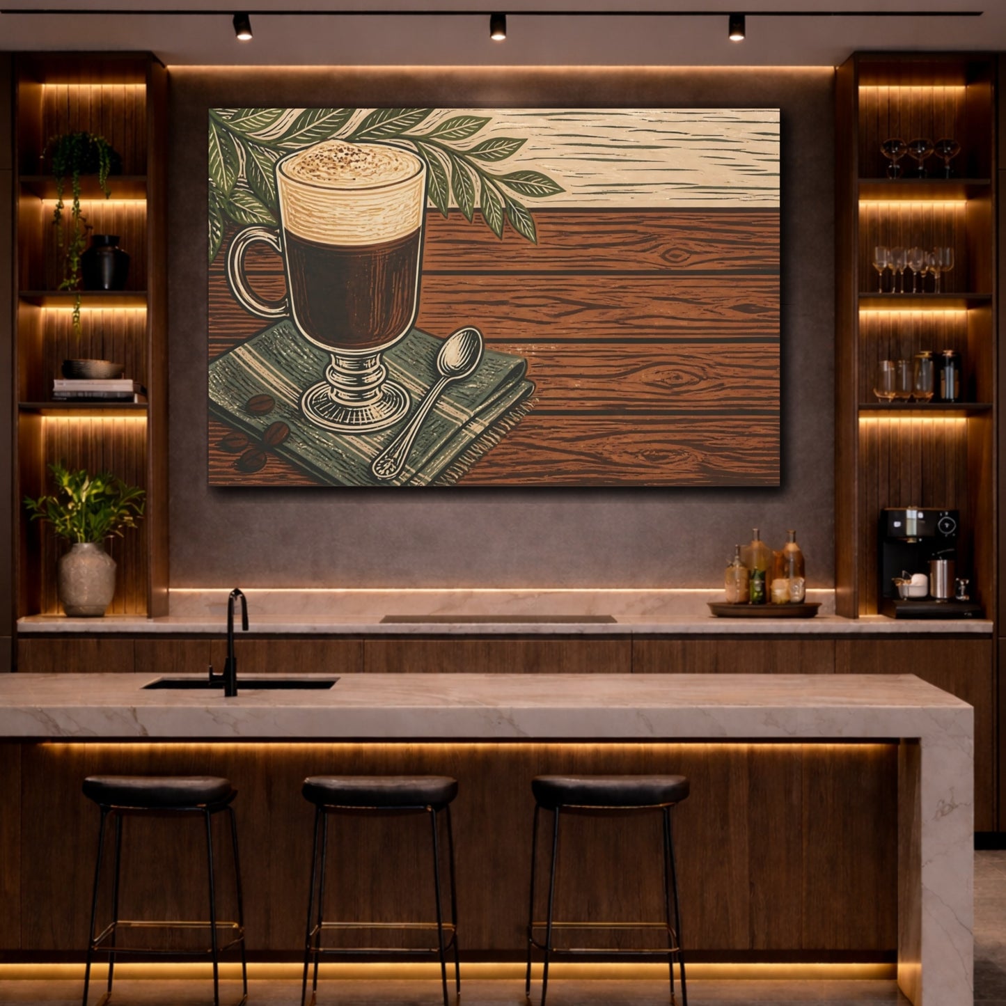 Mockup 2. Vintage Coffee Brown And Green Coffee shown as stretched canvas wall art