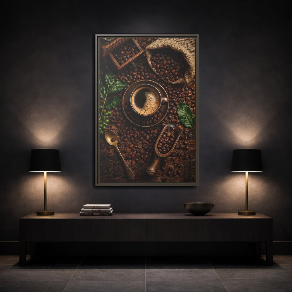 Mockup 3. Vintage Coffee Brown And Green Coffee shown as stretched canvas wall art