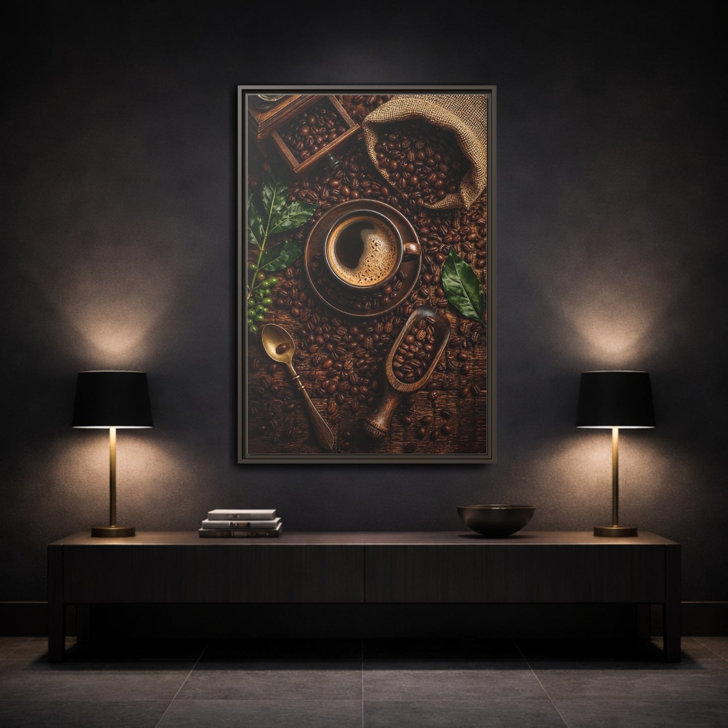 Mockup 3. Vintage Coffee Brown And Green Coffee shown as stretched canvas wall art