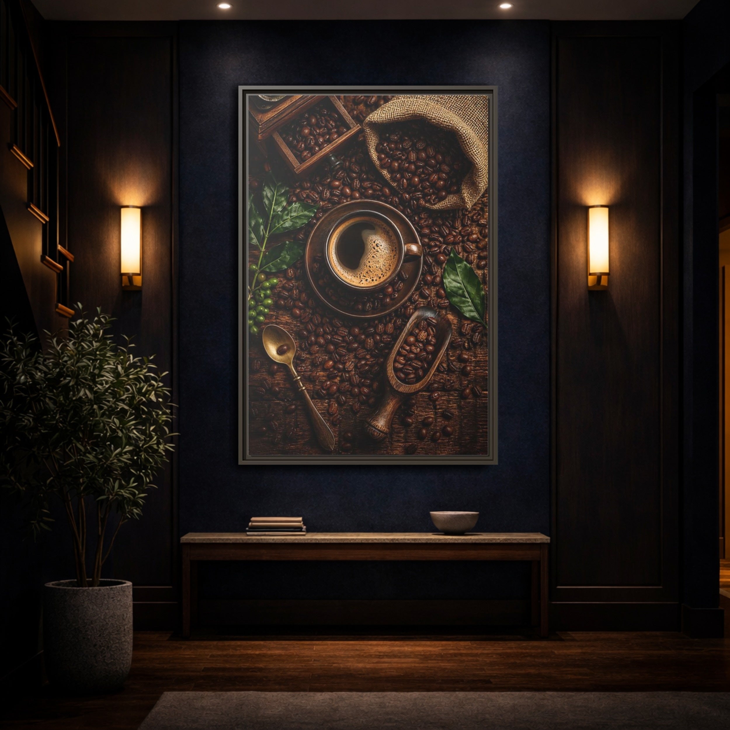 Mockup 4. Vintage Coffee Brown And Green Coffee shown as stretched canvas wall art
