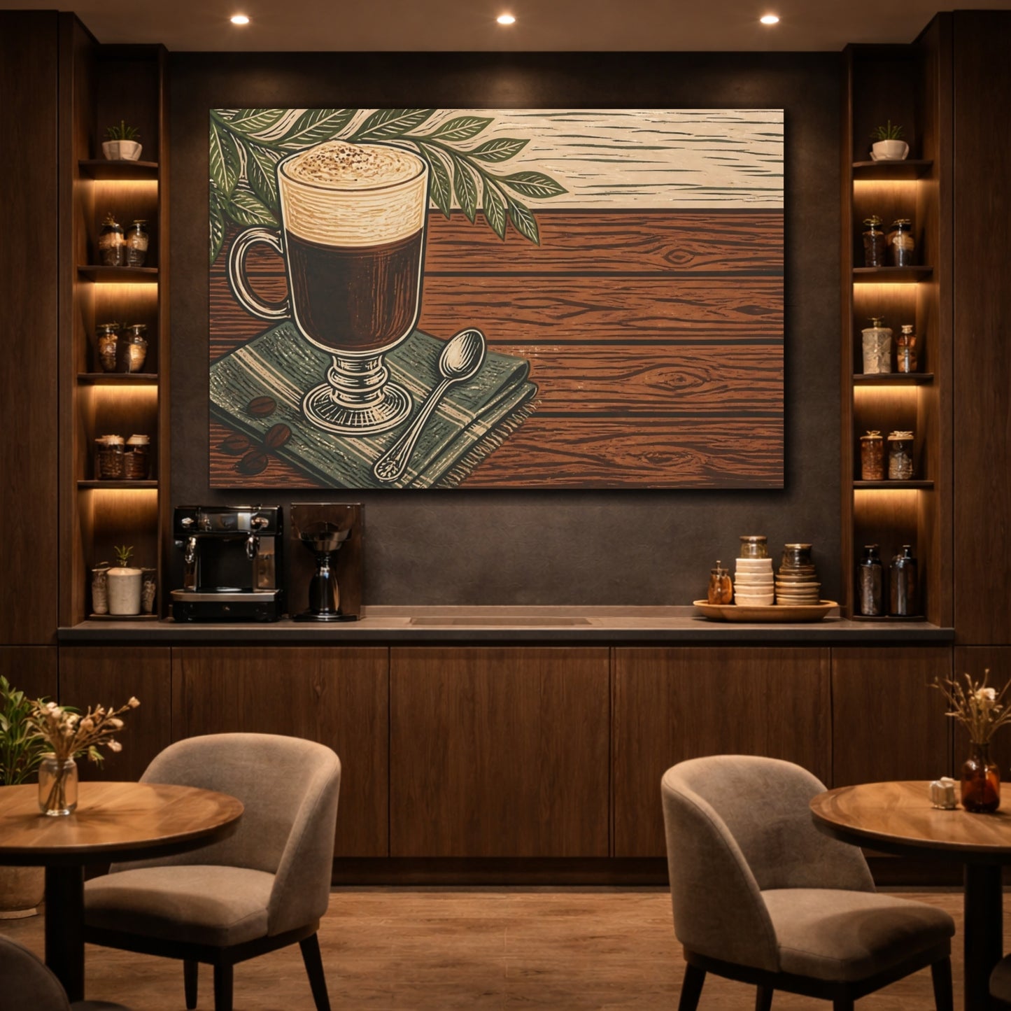 Mockup 4. Vintage Coffee Brown And Green Coffee shown as stretched canvas wall art