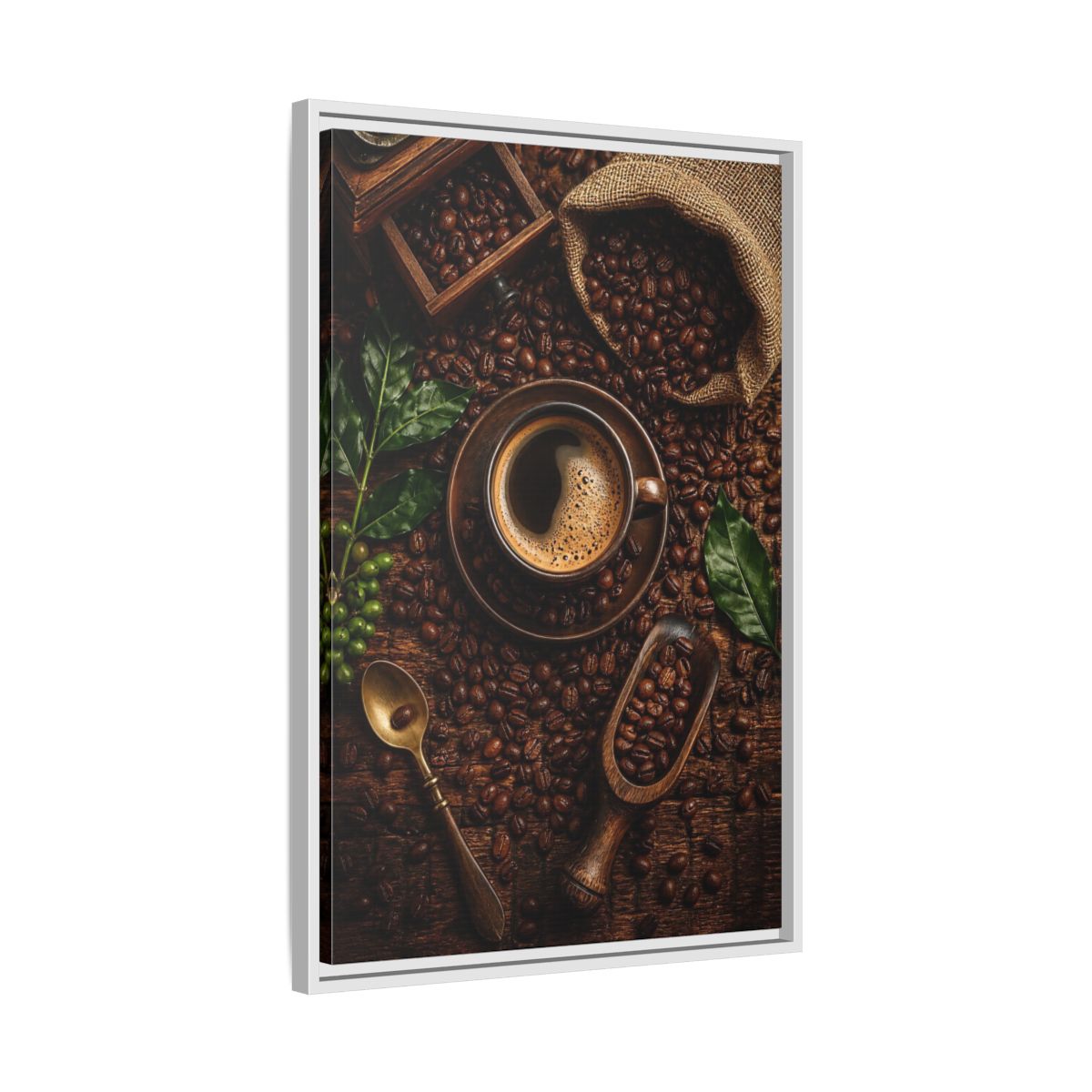 Side Mockup 10. Vintage Coffee Brown And Green Coffee shown as stretched canvas wall art