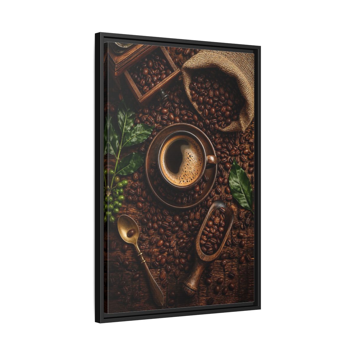 Side Mockup 14. Vintage Coffee Brown And Green Coffee shown as stretched canvas wall art