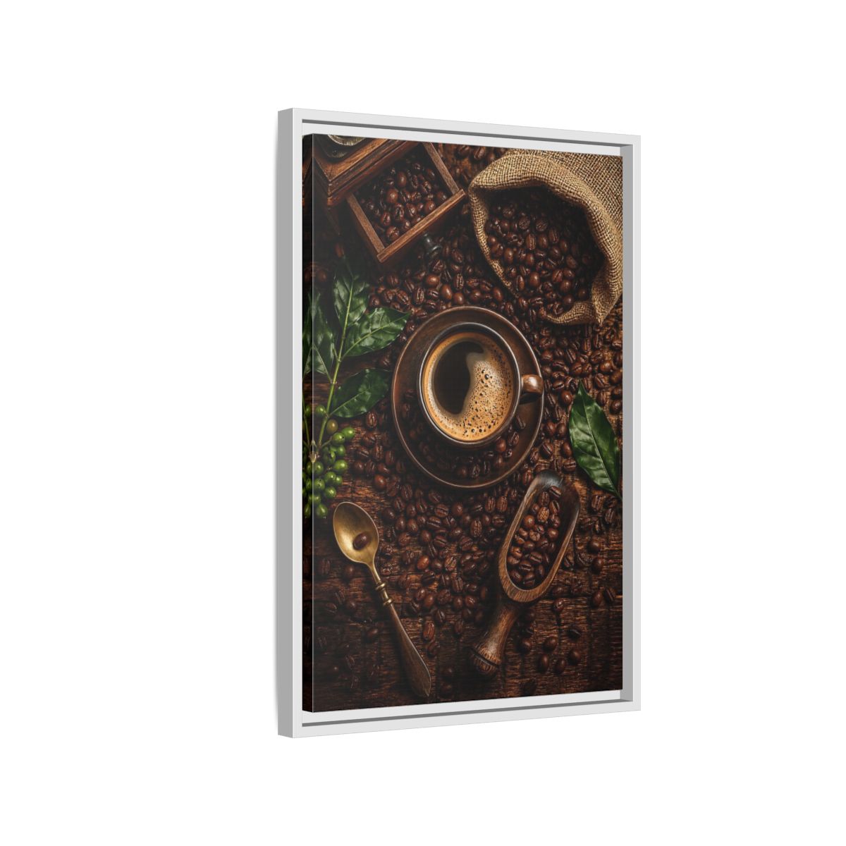 Side Mockup 1. Vintage Coffee Brown And Green Coffee shown as stretched canvas wall art
