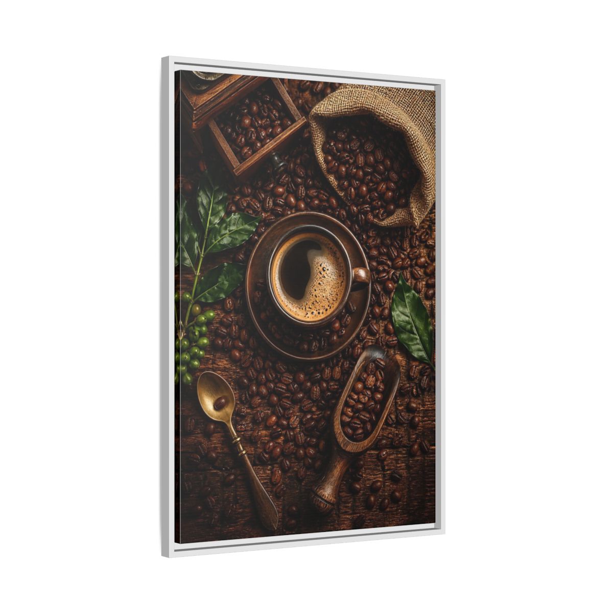Side Mockup 9. Vintage Coffee Brown And Green Coffee shown as stretched canvas wall art