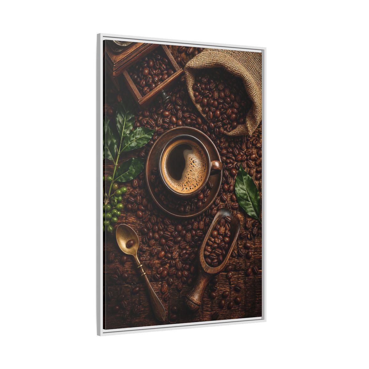 Side Mockup 7. Vintage Coffee Brown And Green Coffee shown as stretched canvas wall art