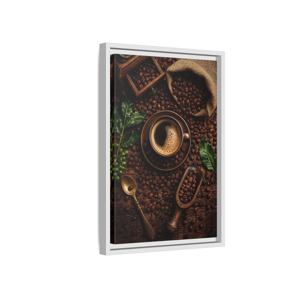 Side Mockup 4. Vintage Coffee Brown And Green Coffee shown as stretched canvas wall art