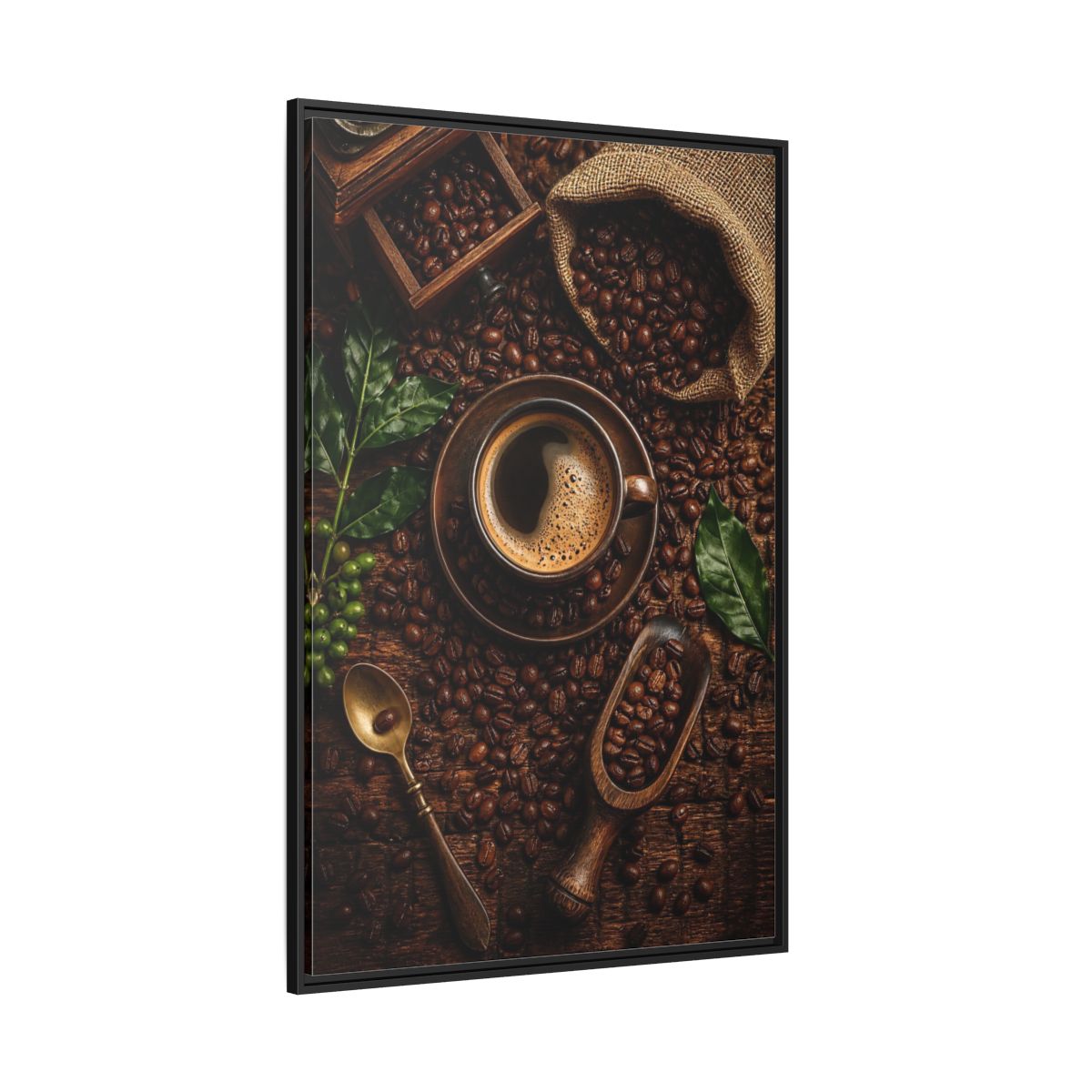 Side Mockup 12. Vintage Coffee Brown And Green Coffee shown as stretched canvas wall art