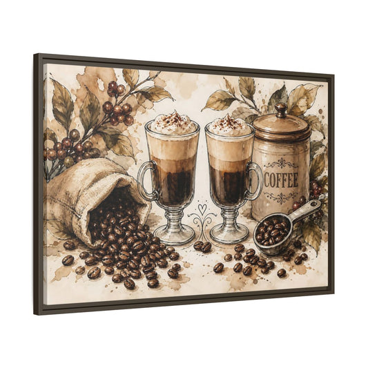 Main Mockup. Vintage Coffee Brown Coffee Still Life shown as stretched canvas wall art