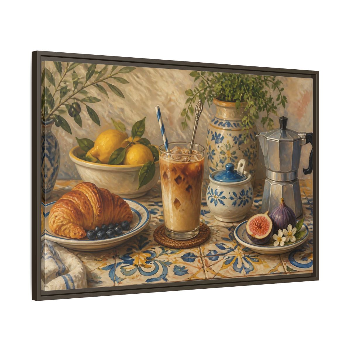Main Mockup. Vintage Coffee Croissant Blue Yellow Brunch shown as stretched canvas wall art