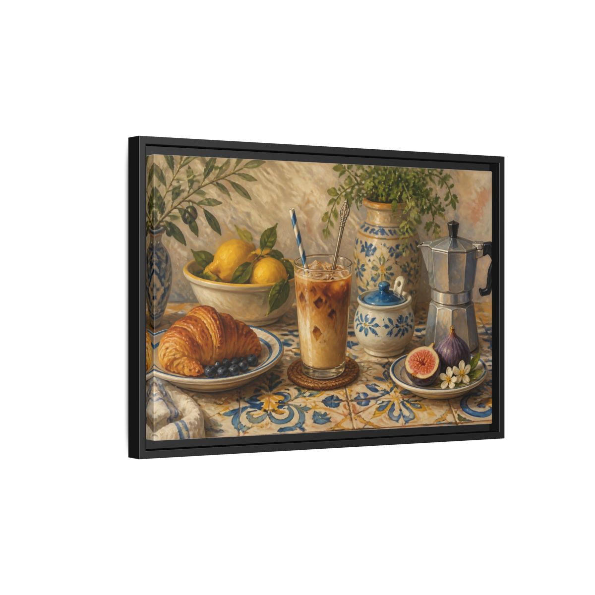 Side Mockup 3. Vintage Coffee Croissant Blue Yellow Brunch shown as stretched canvas wall art