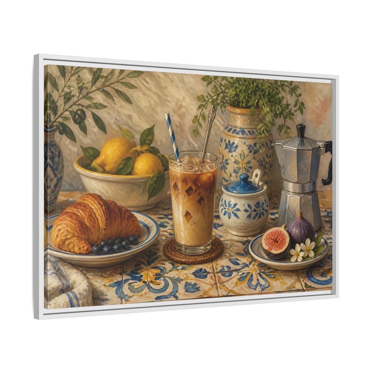 Side Mockup 9. Vintage Coffee Croissant Blue Yellow Brunch shown as stretched canvas wall art