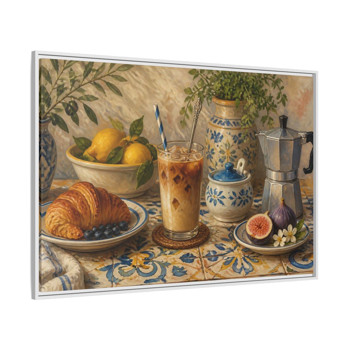 Side Mockup 7. Vintage Coffee Croissant Blue Yellow Brunch shown as stretched canvas wall art