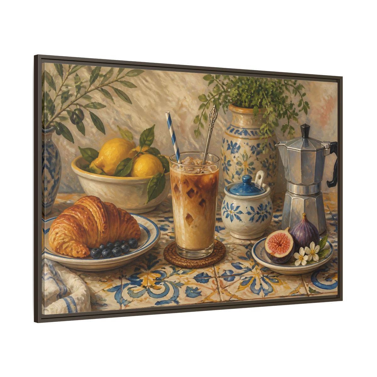 Side Mockup 8. Vintage Coffee Croissant Blue Yellow Brunch shown as stretched canvas wall art