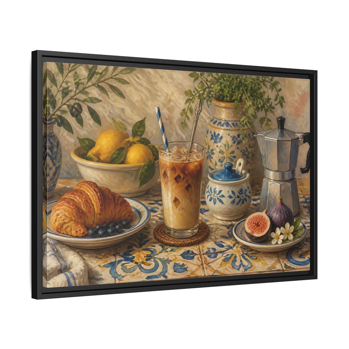 Side Mockup 14. Vintage Coffee Croissant Blue Yellow Brunch shown as stretched canvas wall art