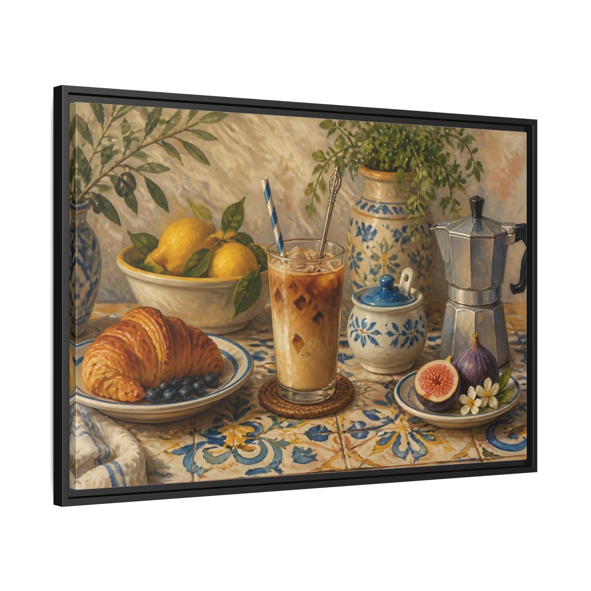 Side Mockup 13. Vintage Coffee Croissant Blue Yellow Brunch shown as stretched canvas wall art