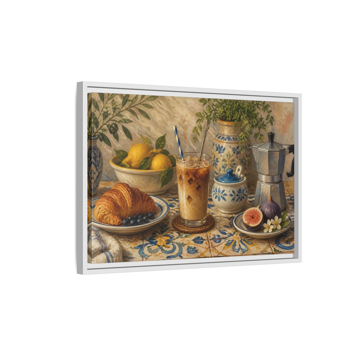Side Mockup 1. Vintage Coffee Croissant Blue Yellow Brunch shown as stretched canvas wall art