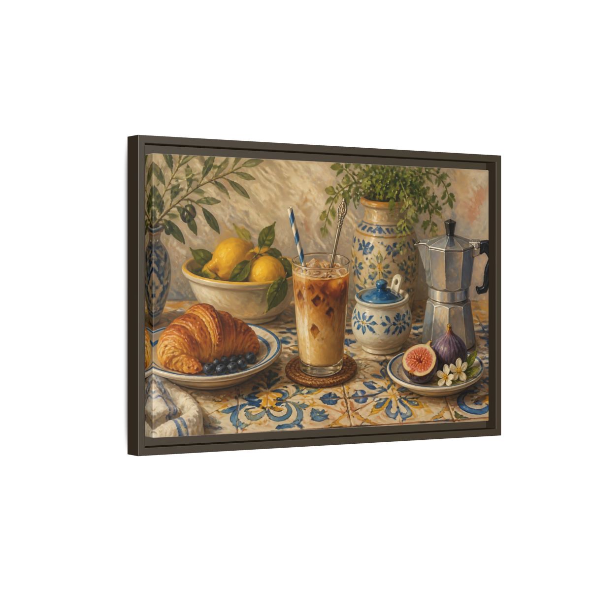 Side Mockup 2. Vintage Coffee Croissant Blue Yellow Brunch shown as stretched canvas wall art