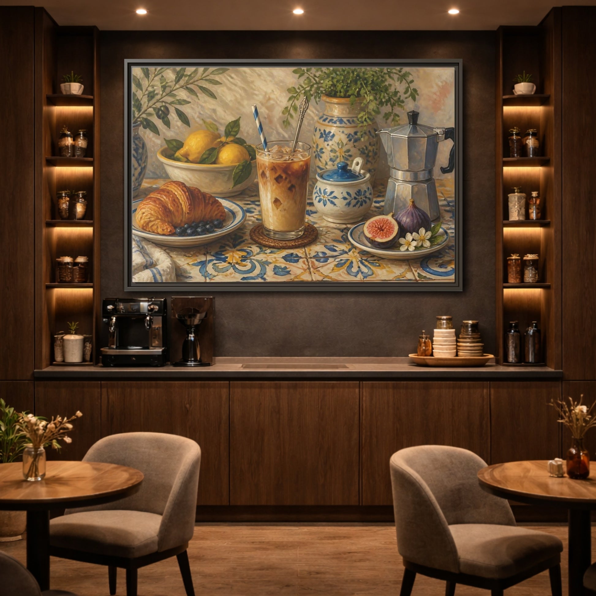 Mockup 2. Vintage Coffee Croissant Blue Yellow Brunch shown as stretched canvas wall art