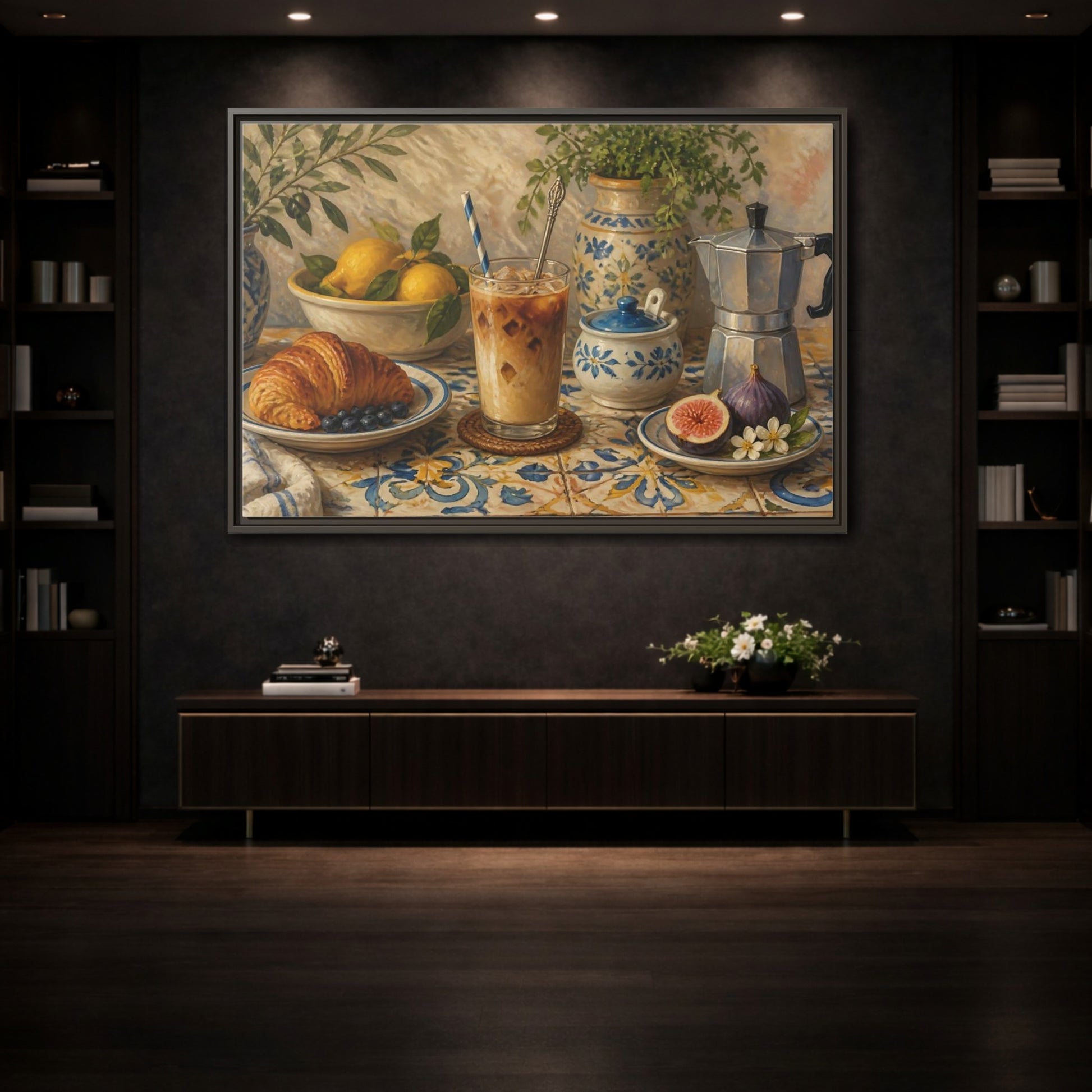 Mockup 3. Vintage Coffee Croissant Blue Yellow Brunch shown as stretched canvas wall art