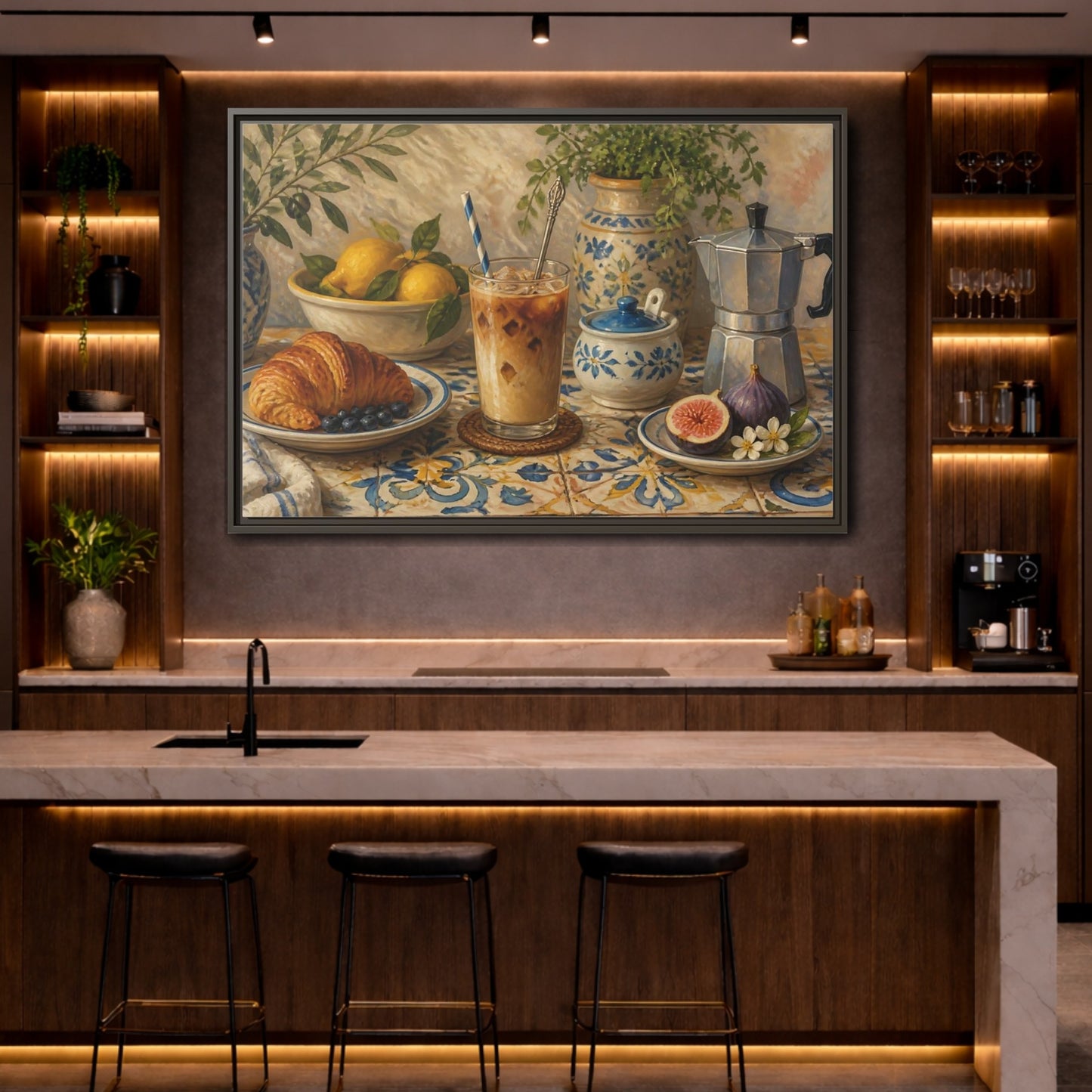 Mockup 4. Vintage Coffee Croissant Blue Yellow Brunch shown as stretched canvas wall art