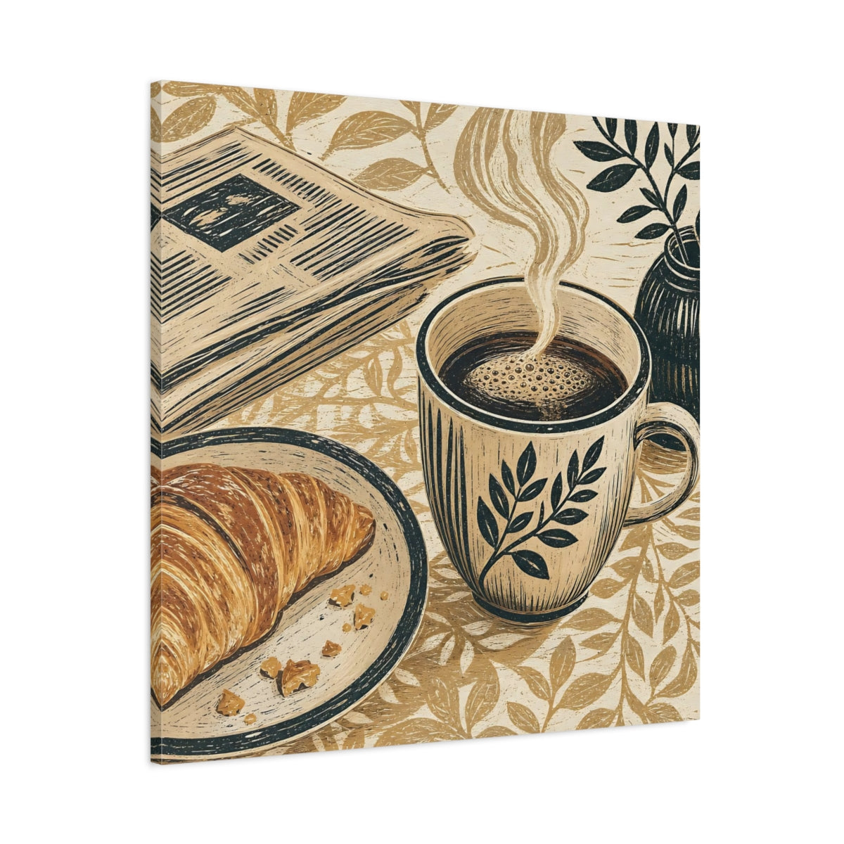 Main Mockup. Vintage Coffee Croissant Brown Beige Breakfast shown as stretched canvas wall art
