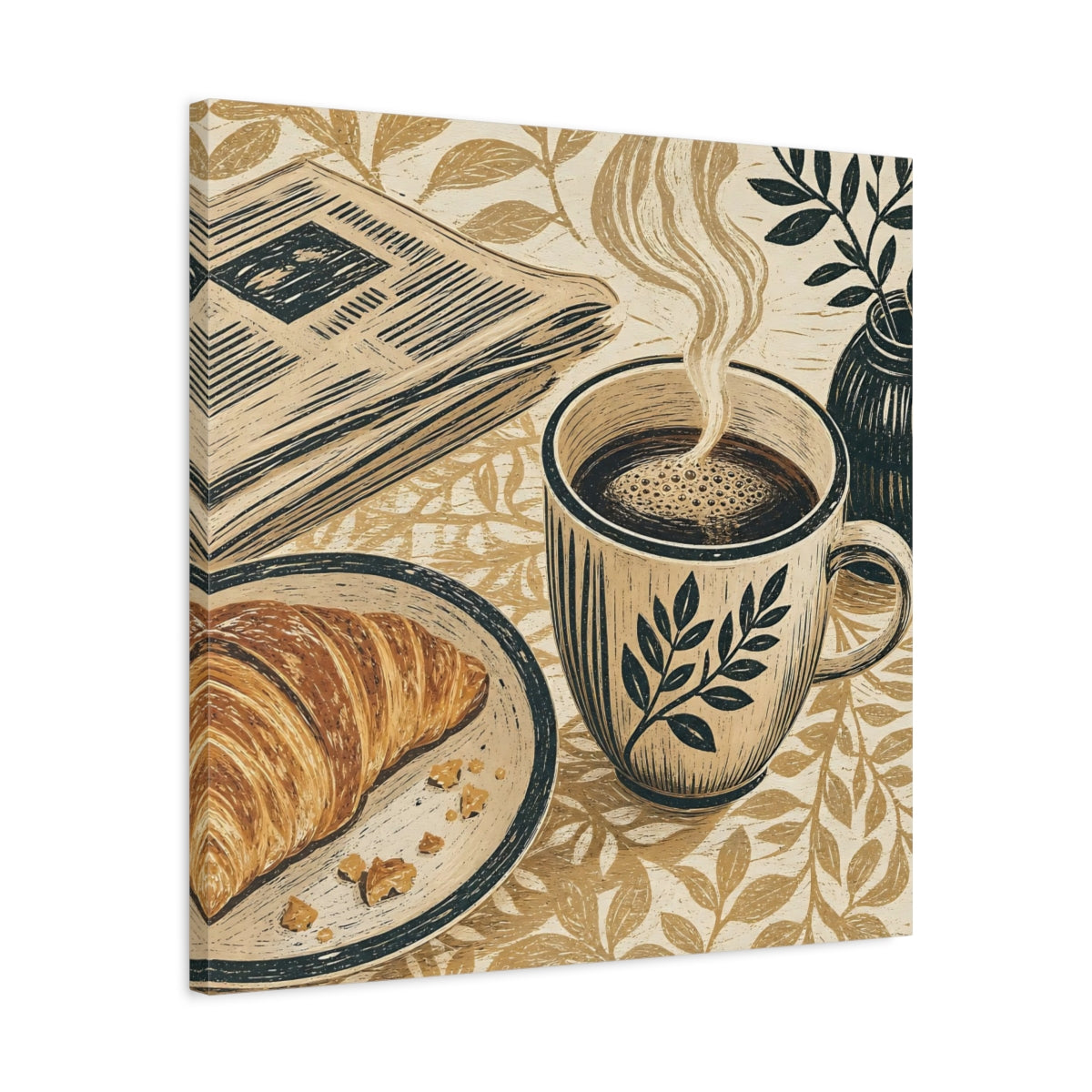 Side Mockup 4. Vintage Coffee Croissant Brown Beige Breakfast shown as stretched canvas wall art