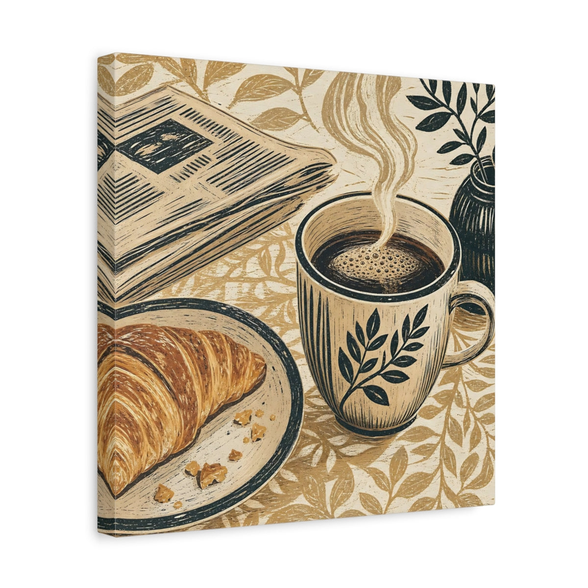 Side Mockup 7. Vintage Coffee Croissant Brown Beige Breakfast shown as stretched canvas wall art