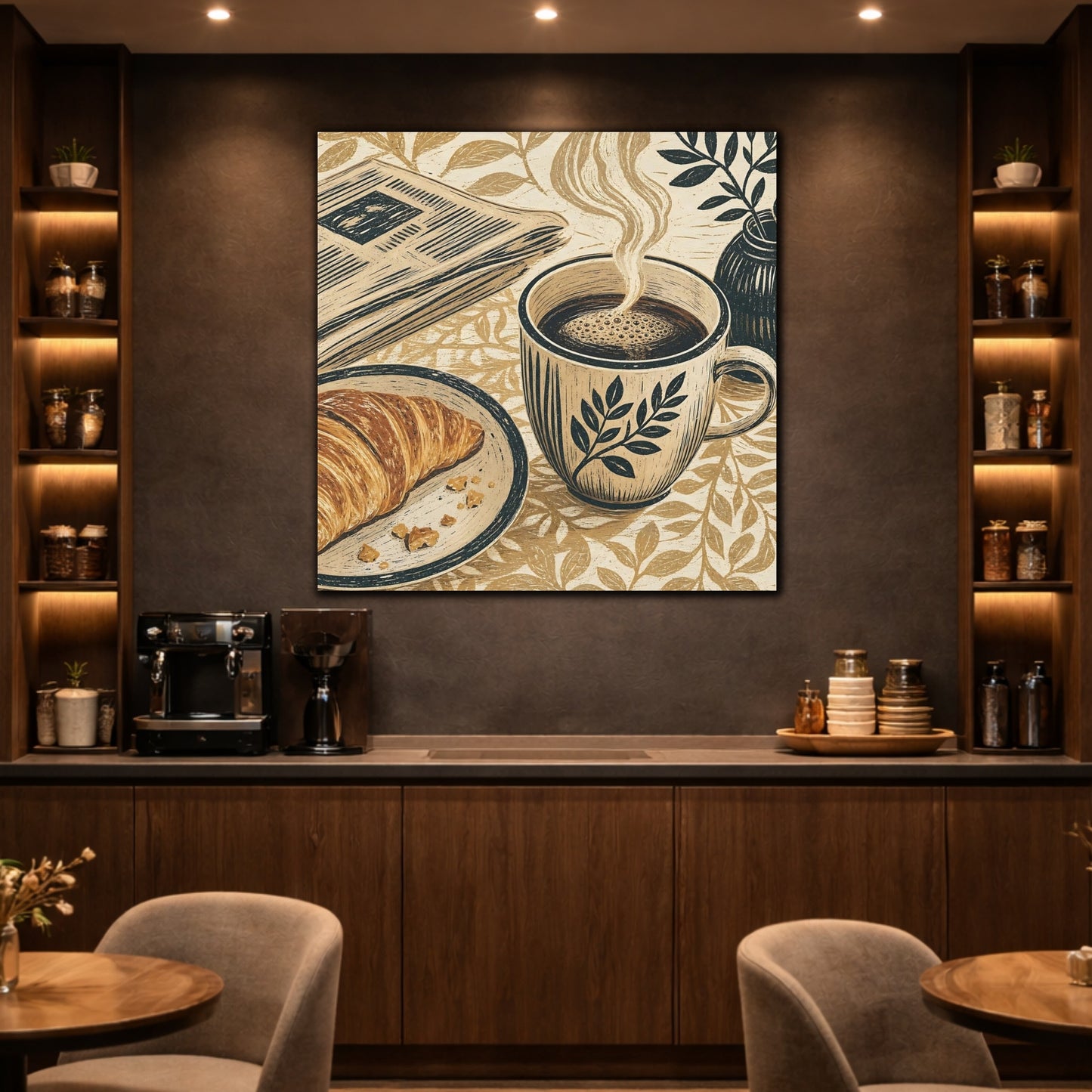 Mockup 2. Vintage Coffee Croissant Brown Beige Breakfast shown as stretched canvas wall art