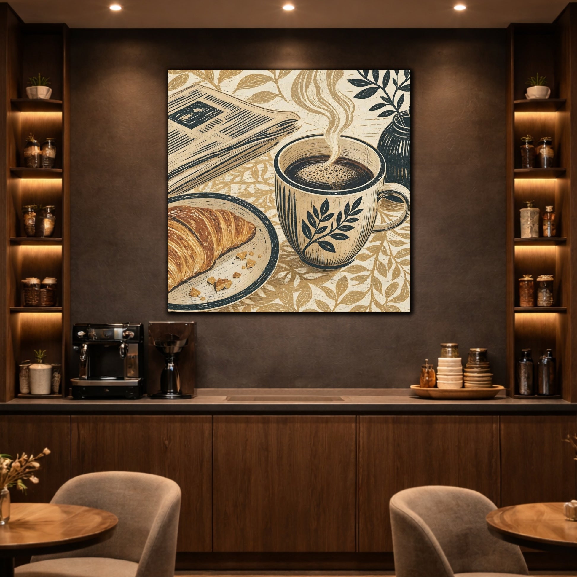 Mockup 2. Vintage Coffee Croissant Brown Beige Breakfast shown as stretched canvas wall art