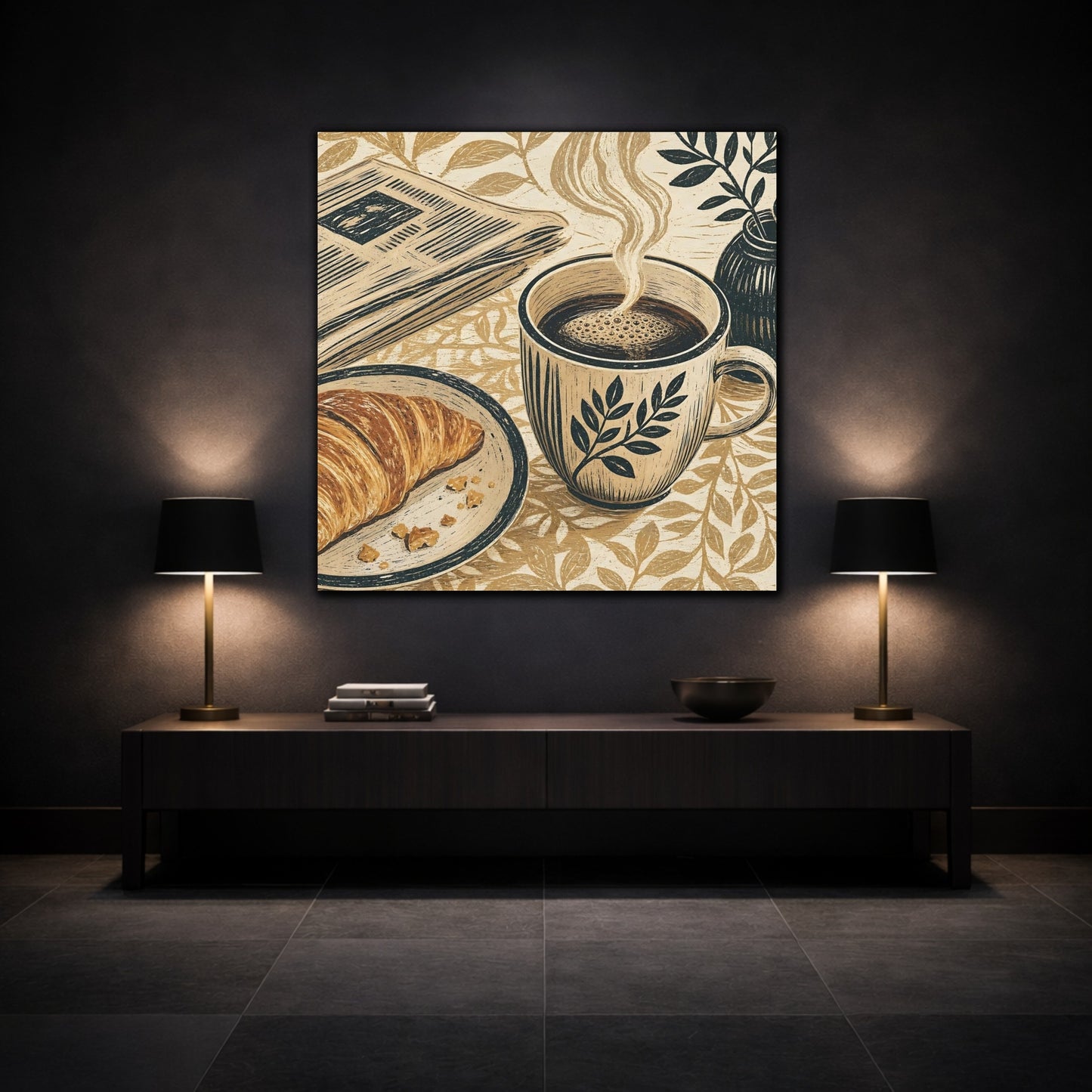Mockup 3. Vintage Coffee Croissant Brown Beige Breakfast shown as stretched canvas wall art