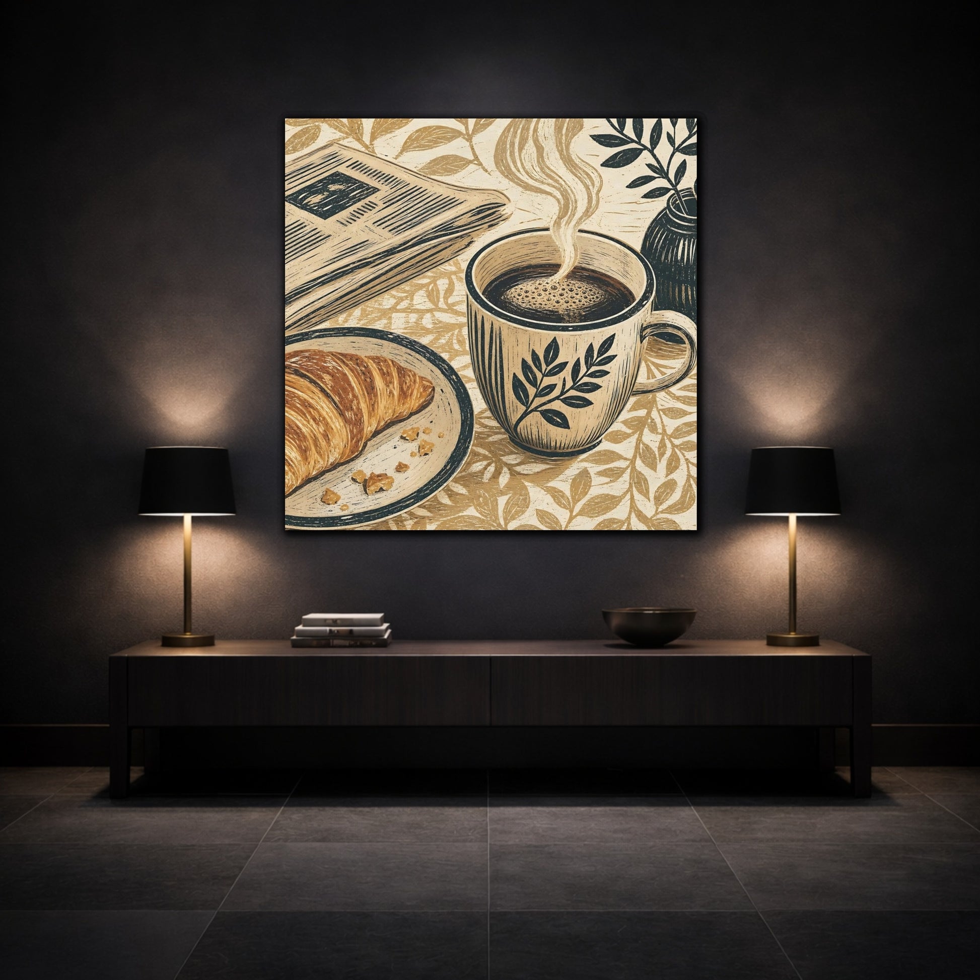 Mockup 3. Vintage Coffee Croissant Brown Beige Breakfast shown as stretched canvas wall art