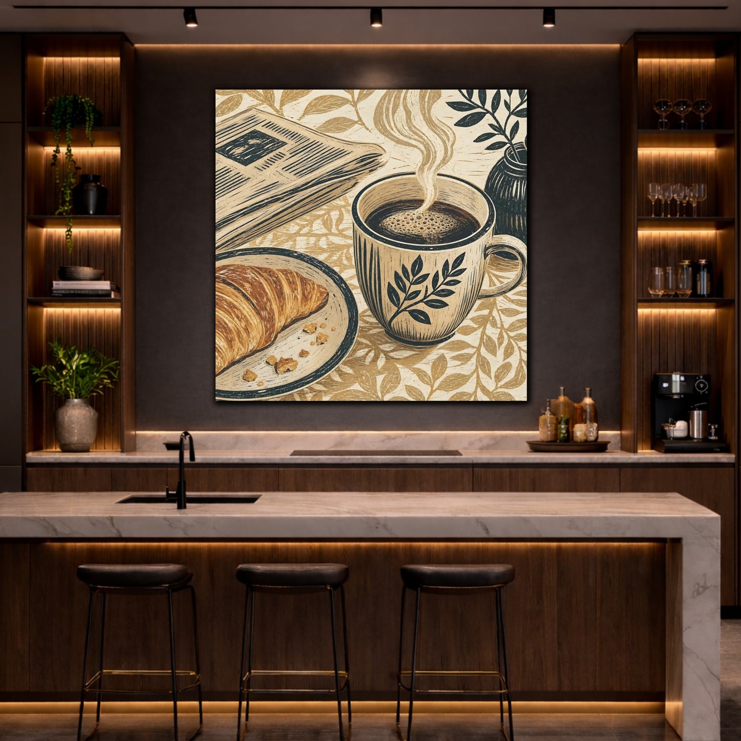 Mockup 4. Vintage Coffee Croissant Brown Beige Breakfast shown as stretched canvas wall art