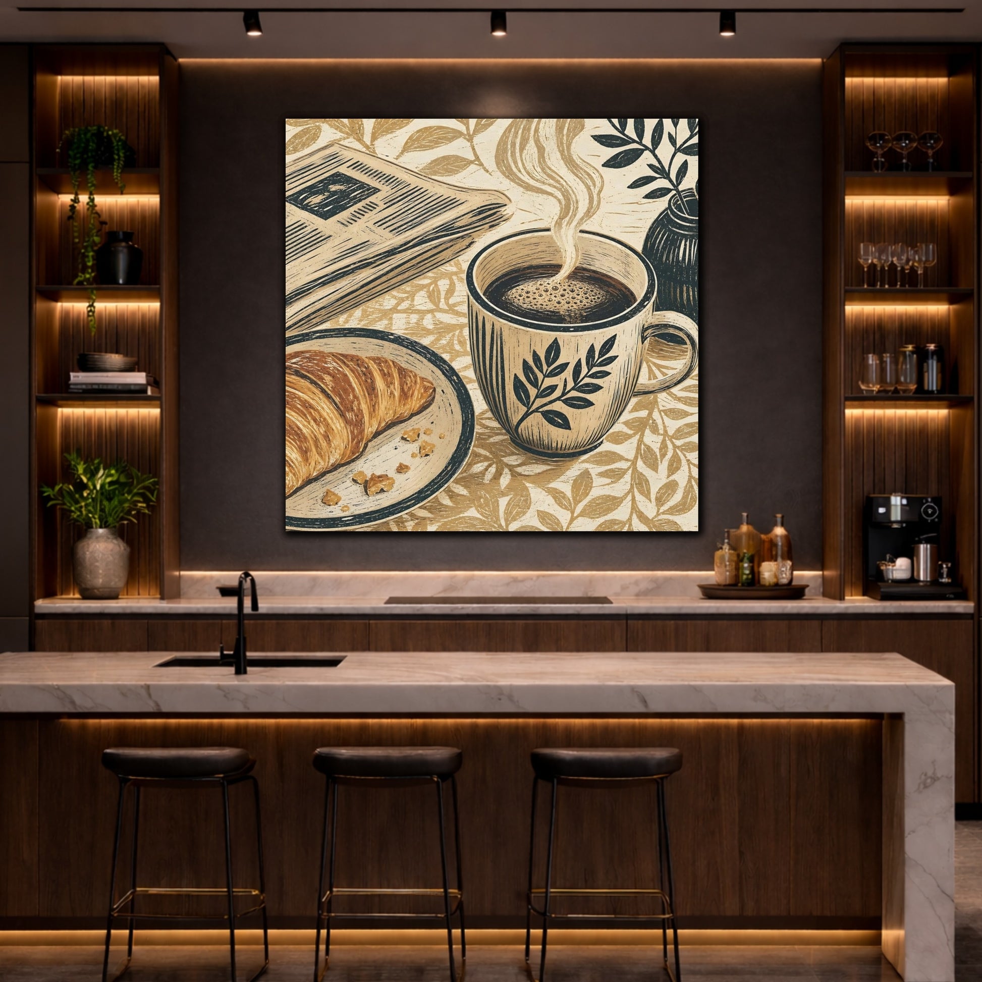 Mockup 4. Vintage Coffee Croissant Brown Beige Breakfast shown as stretched canvas wall art