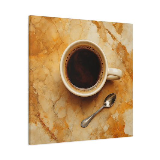 Main Mockup. Vintage Coffee Cup Brown And Gold shown as stretched canvas wall art