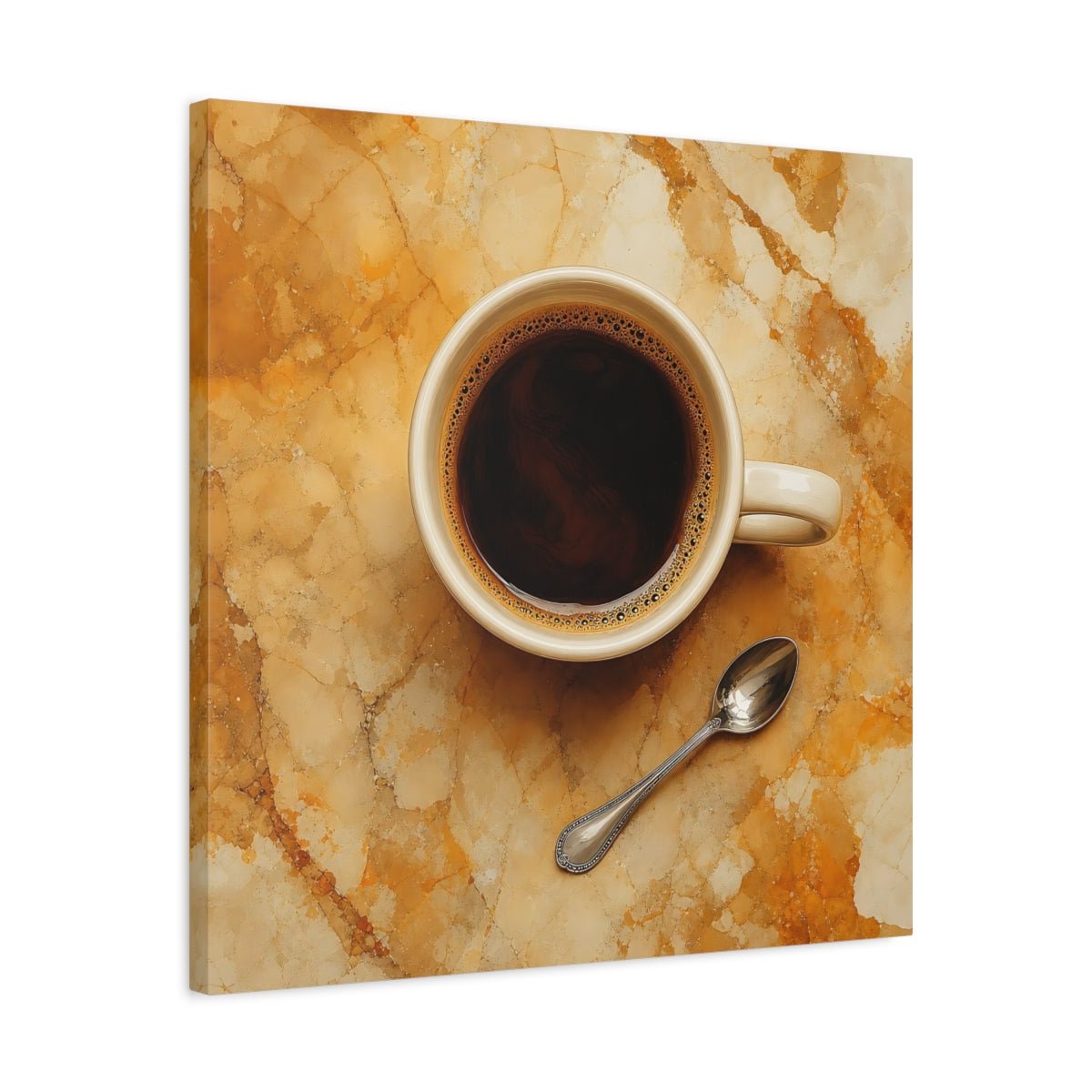 Side Mockup 4. Vintage Coffee Cup Brown And Gold shown as stretched canvas wall art