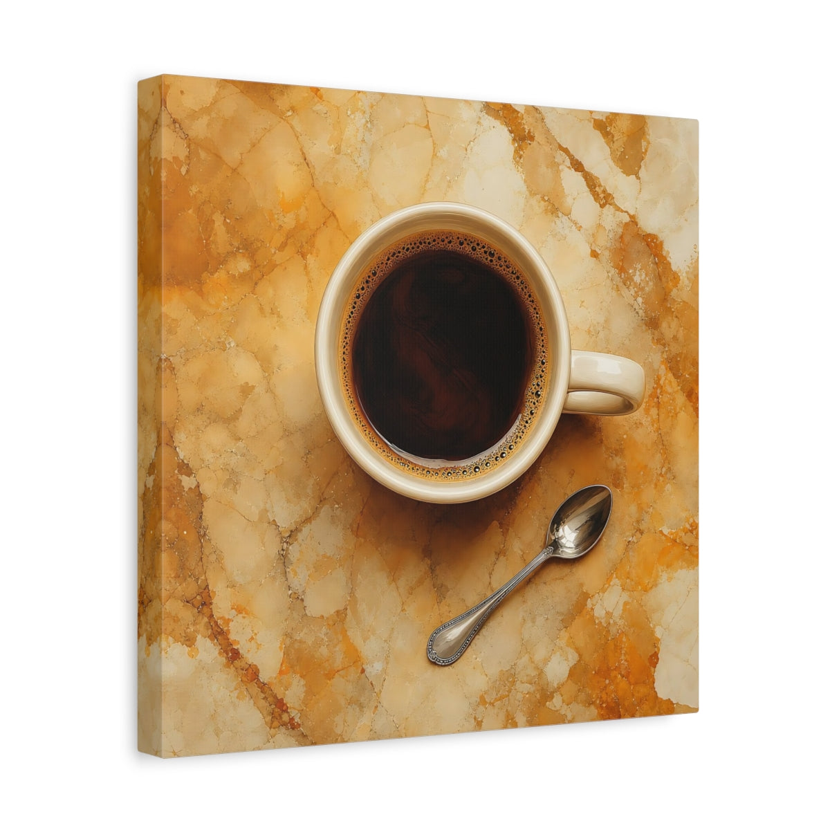 Side Mockup 7. Vintage Coffee Cup Brown And Gold shown as stretched canvas wall art