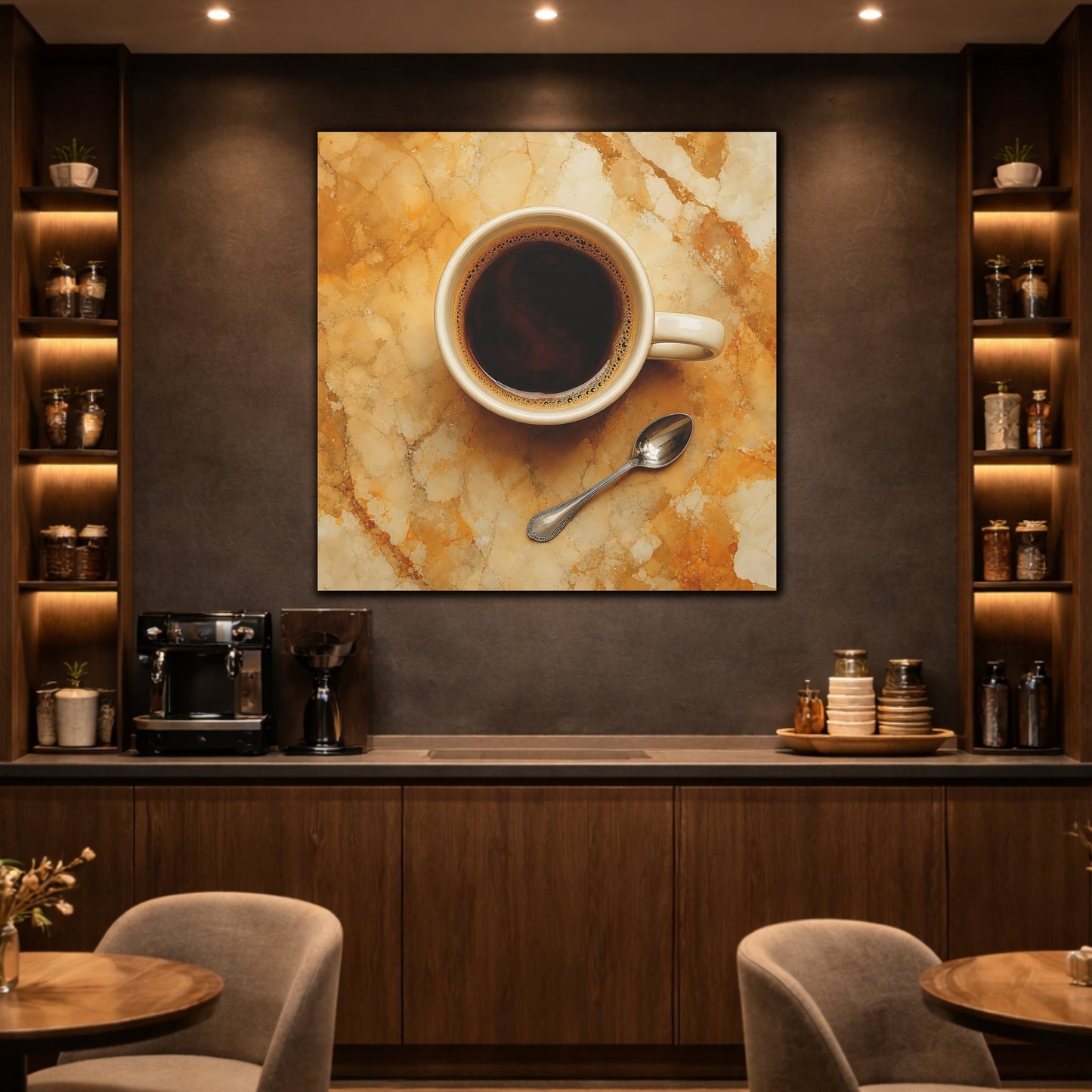 Mockup 2. Vintage Coffee Cup Brown And Gold shown as stretched canvas wall art