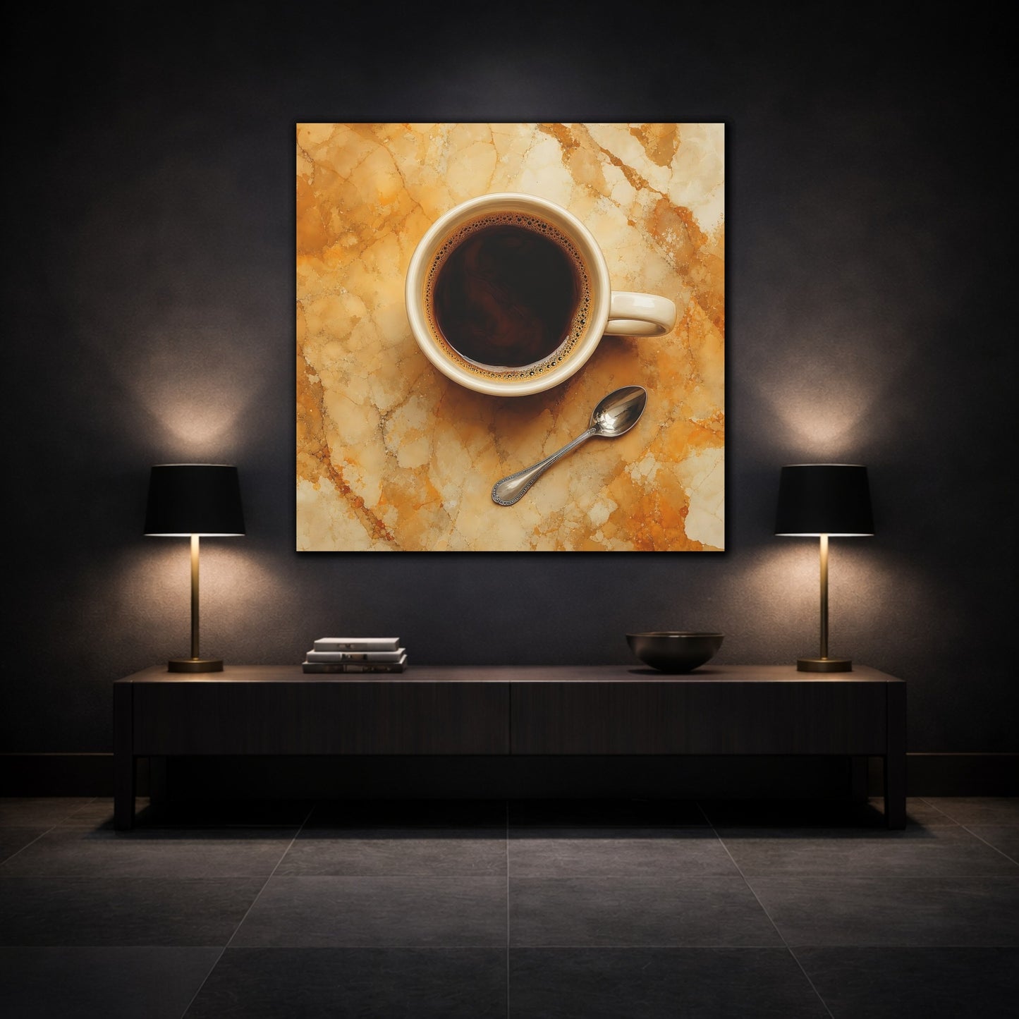 Mockup 3. Vintage Coffee Cup Brown And Gold shown as stretched canvas wall art