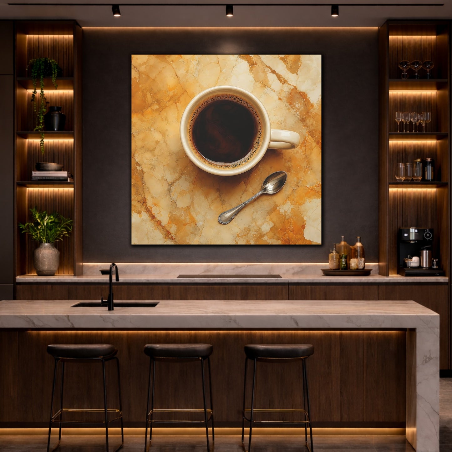 Mockup 4. Vintage Coffee Cup Brown And Gold shown as stretched canvas wall art