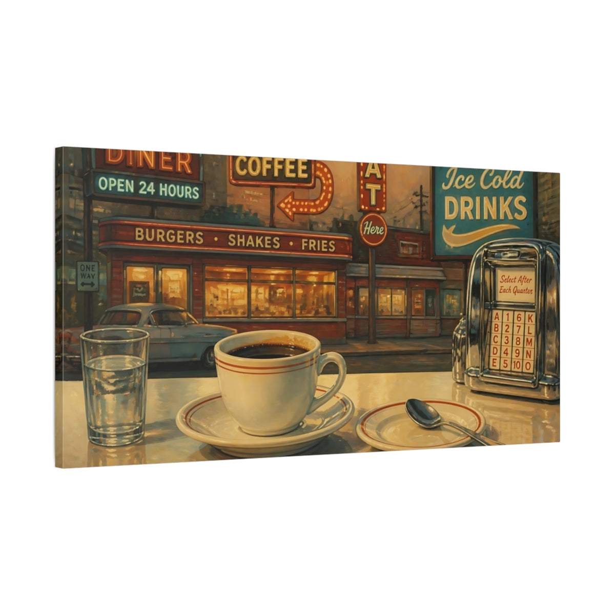 Main Mockup. Vintage Coffee Cup Retro Diner Scene shown as canvas print