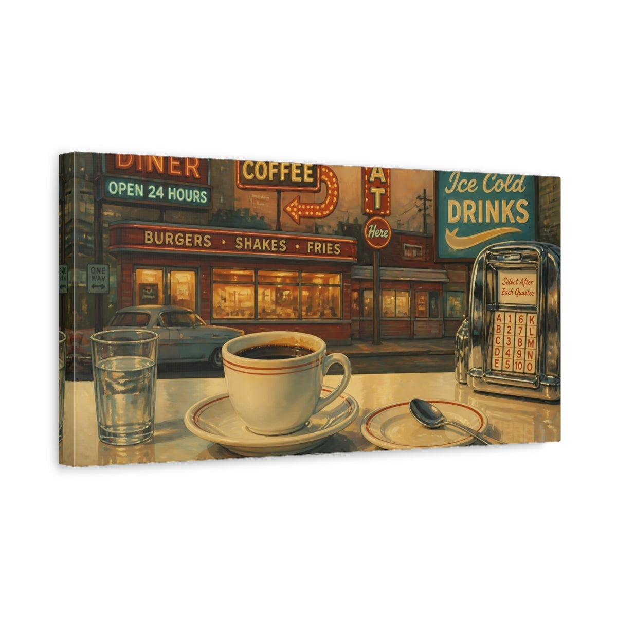 Side Mockup 3. Vintage Coffee Cup Retro Diner Scene shown as canvas print