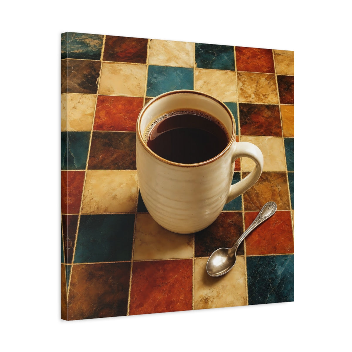 Side Mockup 4. Vintage Coffee Cup Warm Tones Coffee shown as stretched canvas wall art