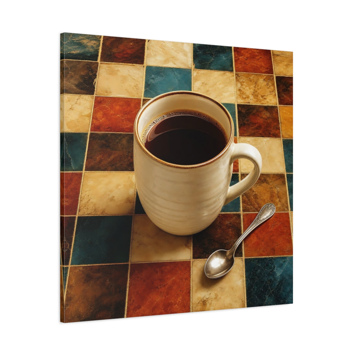 Side Mockup 1. Vintage Coffee Cup Warm Tones Coffee shown as stretched canvas wall art