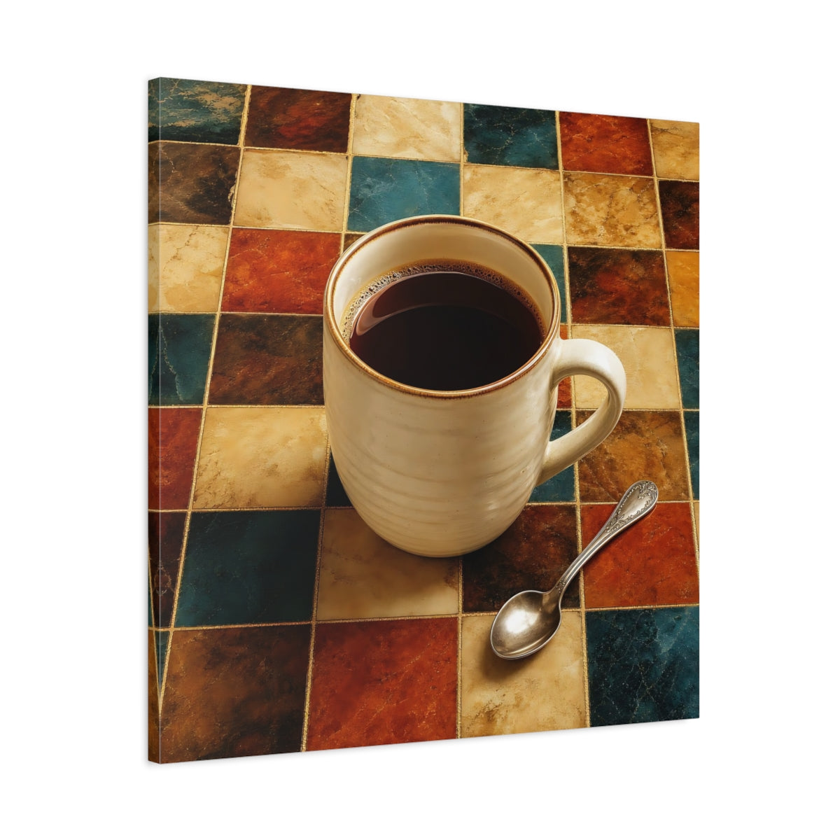 Side Mockup 3. Vintage Coffee Cup Warm Tones Coffee shown as stretched canvas wall art
