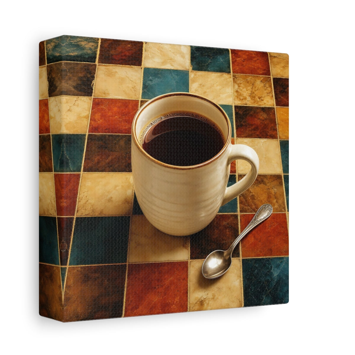 Side Mockup 2. Vintage Coffee Cup Warm Tones Coffee shown as stretched canvas wall art