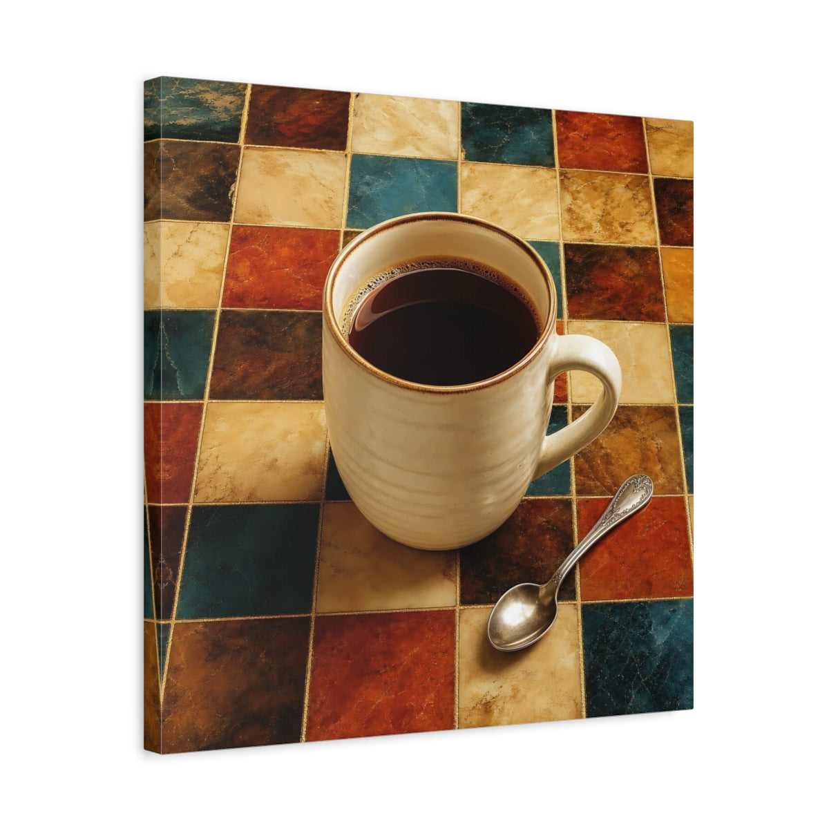 Side Mockup 5. Vintage Coffee Cup Warm Tones Coffee shown as stretched canvas wall art
