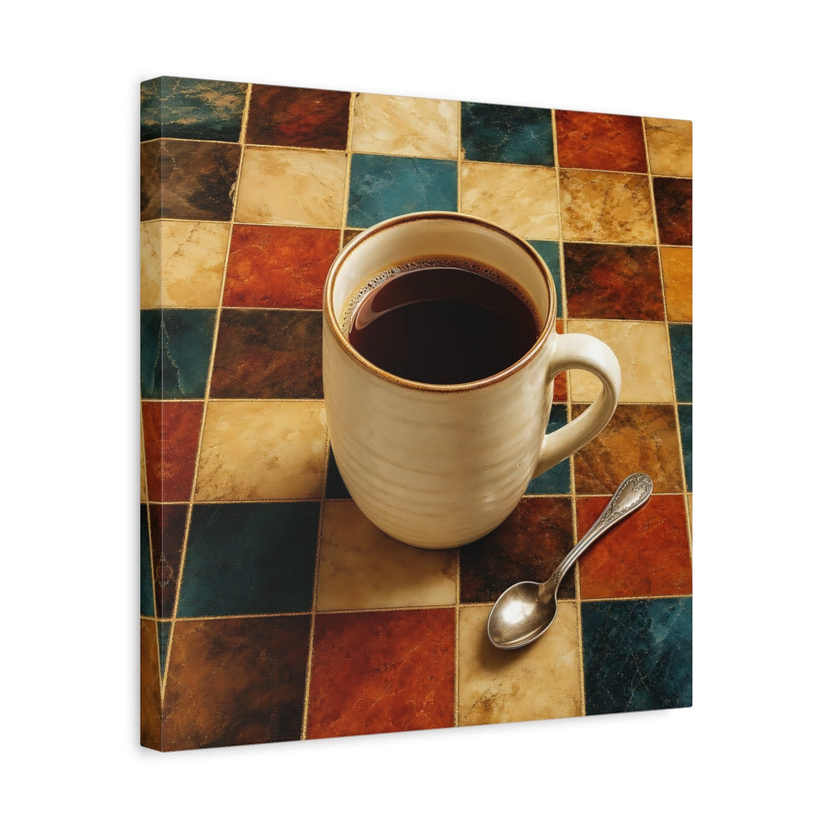 Side Mockup 6. Vintage Coffee Cup Warm Tones Coffee shown as stretched canvas wall art