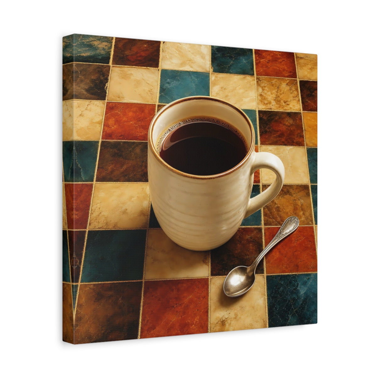 Side Mockup 7. Vintage Coffee Cup Warm Tones Coffee shown as stretched canvas wall art